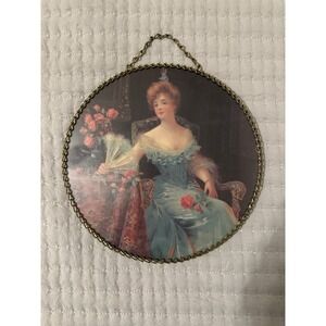 Vintage Victorian Lady Chimney Flue Cover  Fan Print Chain Frame 9"  Wall Hangin